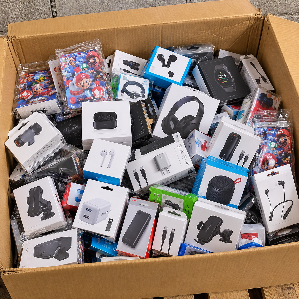 Carton revendeur multimédia montre Bluetooth, chargeurs, écouteurs