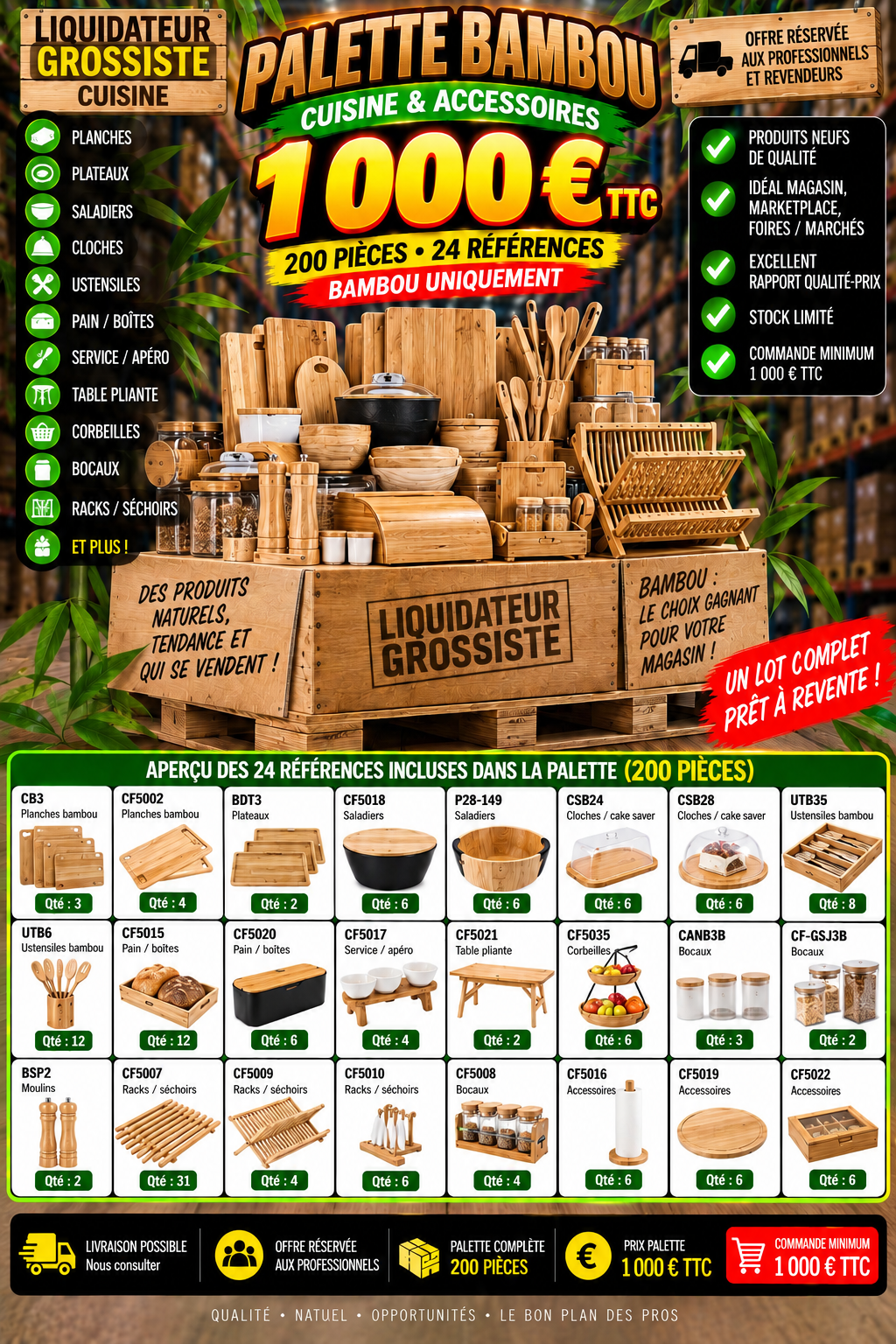Palette cuisine 200 articles en bambou naturelles livraison gratuite